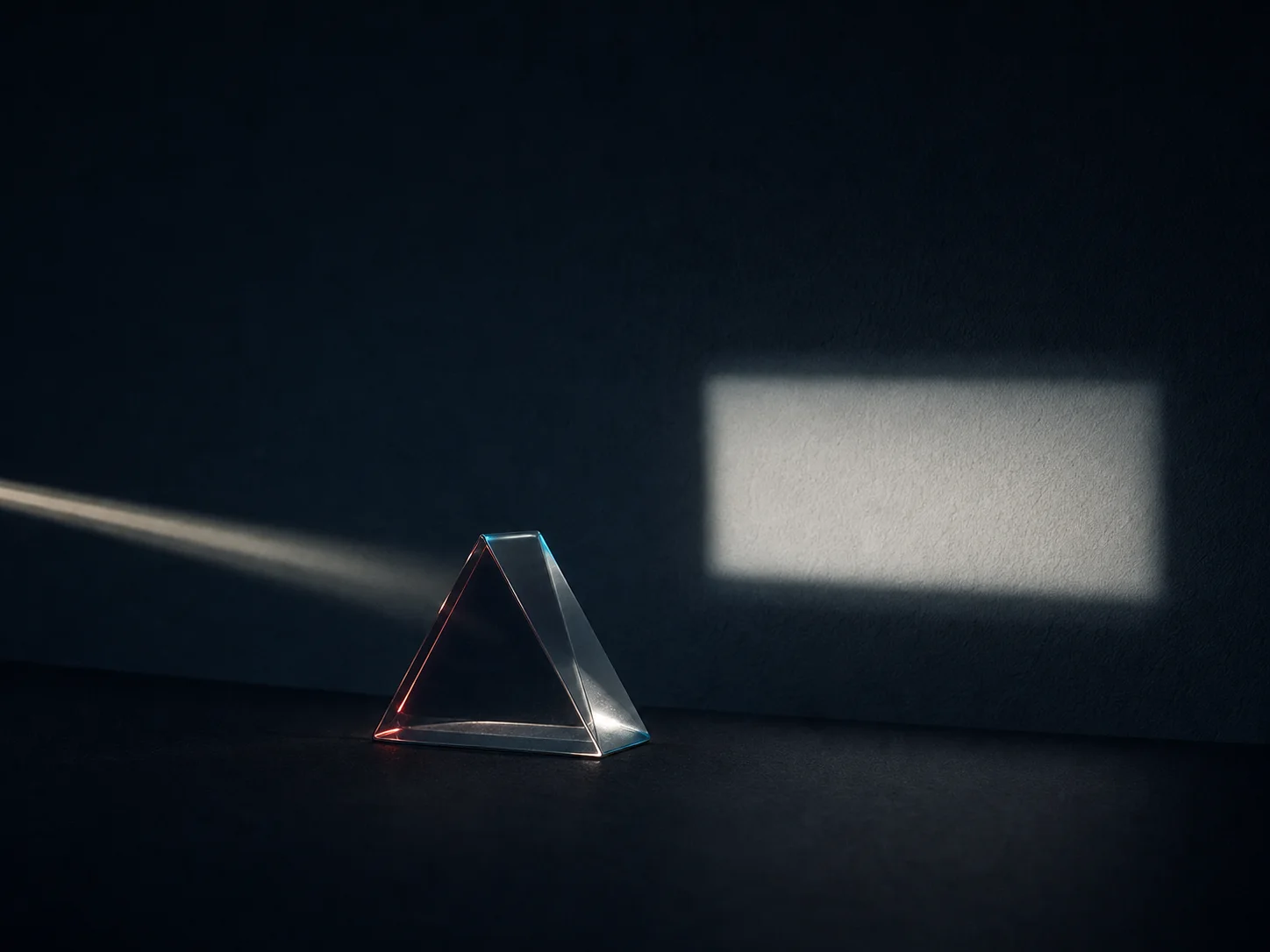 Ein Lichtstrahl trifft auf ein Glasprisma und wird als rechteckige Projektion sichtbar