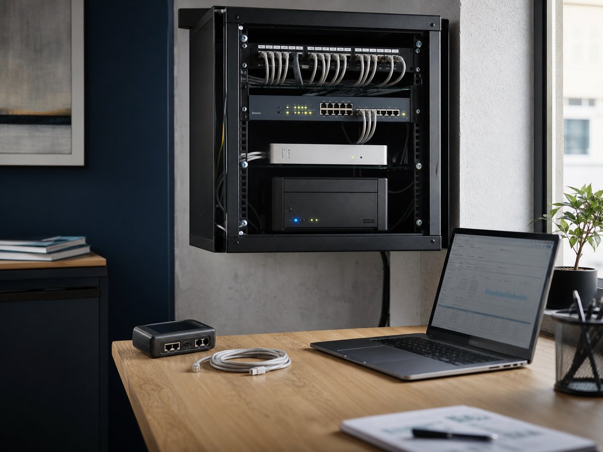 Serverschrank, Support-Fenster mit Headset, Schutzschild und Werkzeug als Darstellung der IT-Betreuung von Intermedia