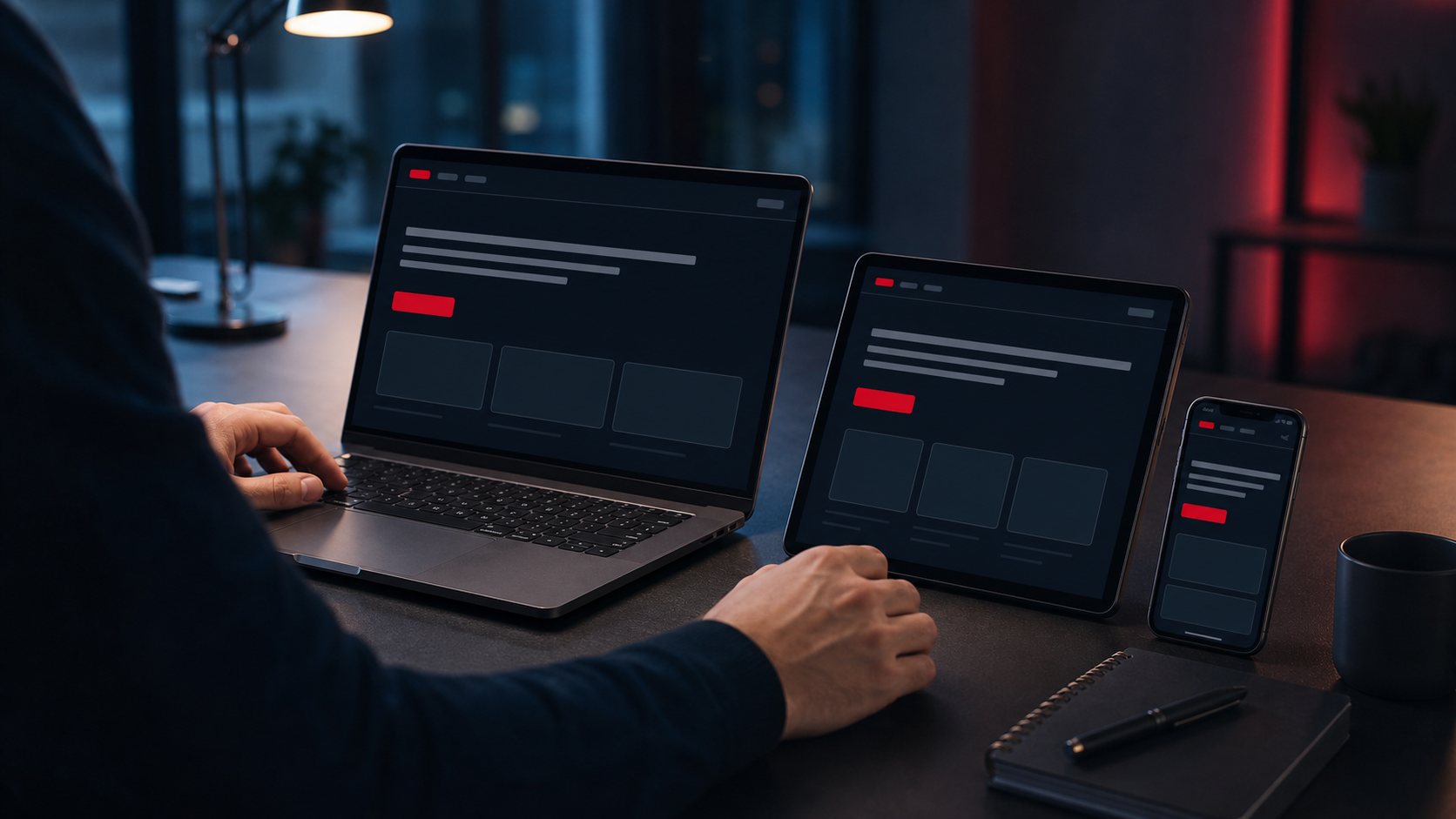 Laptop, Tablet und Smartphone zeigen dasselbe Website-Layout in angepassten Gr??en.