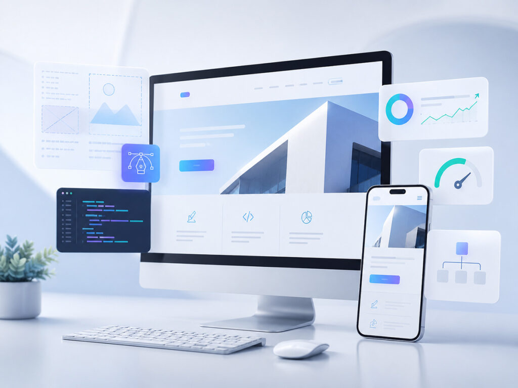 Modernes Webdesign auf Desktop und Smartphone mit Analyse- und Code-Elementen