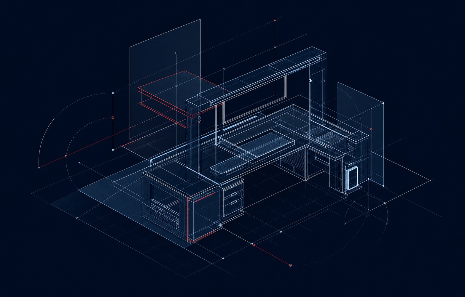 Abstrakte 3D-Illustration eines modularen Arbeitsplatzsystems als technische Mockup-Zeichnung
