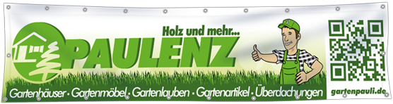 Werbebanner auf PVC-Plane für einen Anbieter von Gartenhäusern, mit QR-Code