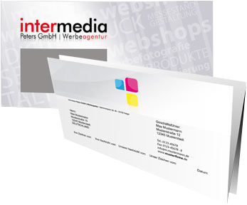 Geschäftsausstattung von Intermedia: Briefbogen, Briefumschlag und Visitenkarte mit Firmenlogo