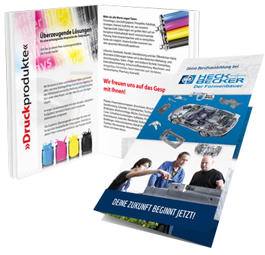 Gedruckte Arbeitsbeispiele: Broschüre Druckprodukte, Wickelfalz-Flyer und Ausbildungsflyer für einen Formenbauer