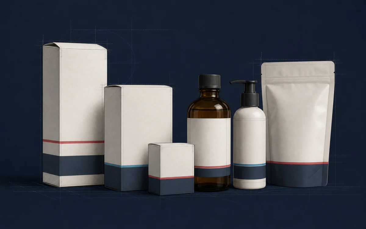 Illustrative Verpackungsstudie mit Faltschachteln, Flaschen und Standbodenbeutel