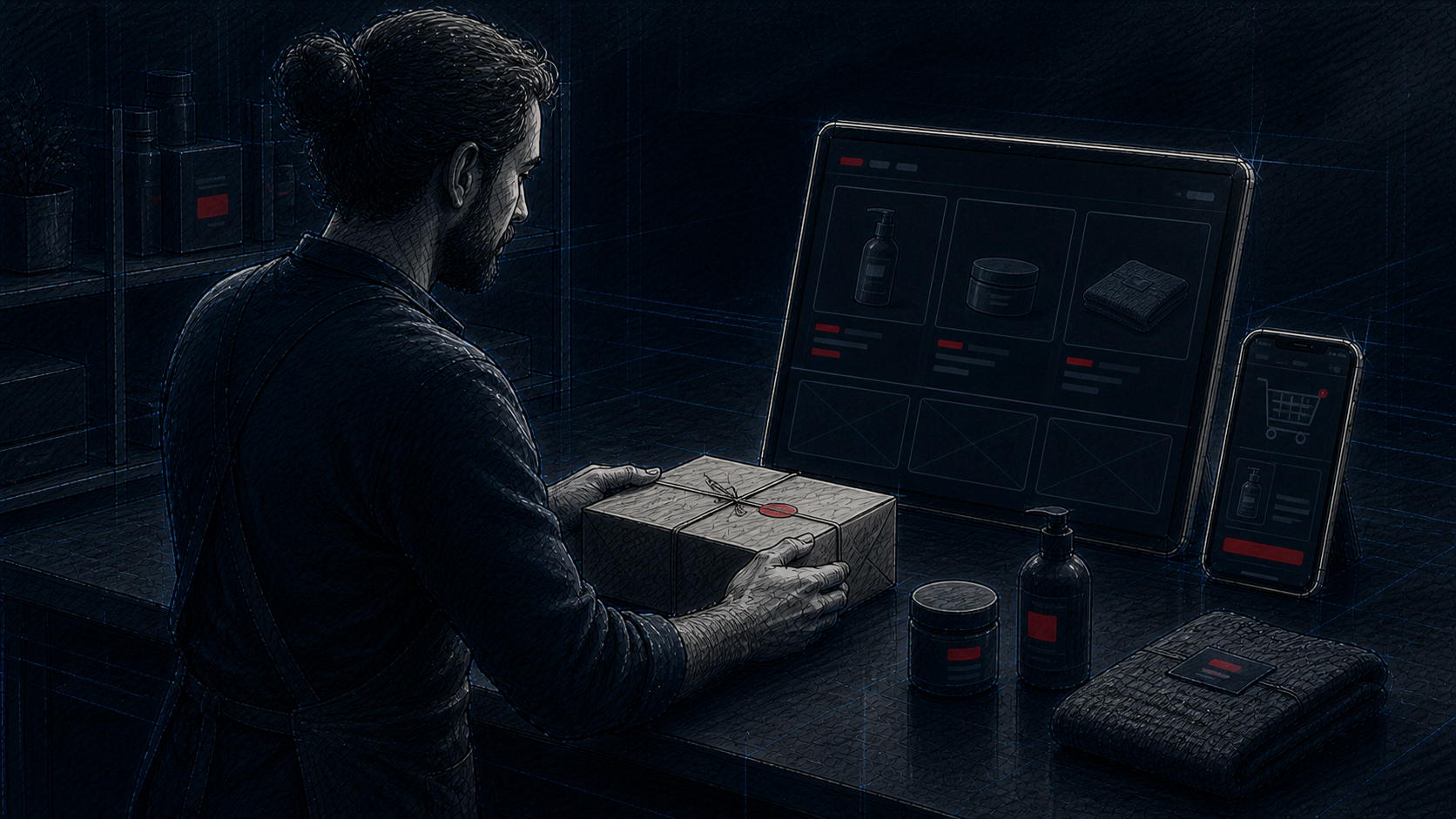 Abstrakte E-Commerce-Systemarchitektur mit Datenwegen und Checkout-Logik