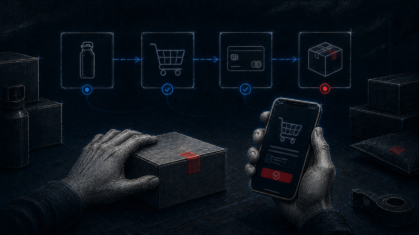Abstrakter E-Commerce-Prozess von Warenkorb bis Versand
