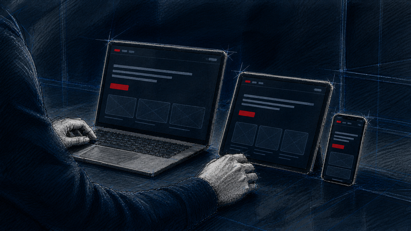 Laptop, Tablet und Smartphone zeigen dasselbe Website-Layout in angepassten Größen.